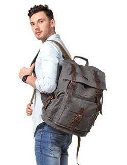 Kattee Men’s Leather Canvas Backpack Large School Bag Travel Rucksack Gray