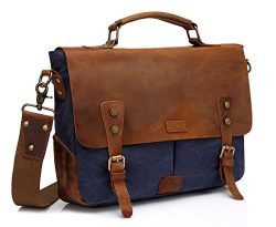 Vaschy Casual Genuine Leather Canvas messenger Bag Notebook Shoulder Bag Bookbag with Detachable ...