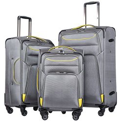 Coolife Luggage 3 Piece Set Suitcase Spinner Softshell lightweight (gray+yellow)