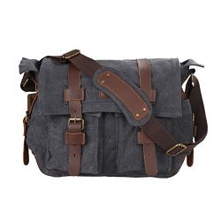 Kattee Unisex’s Classic Military Canvas Shoulder Messenger Bag Leather Straps Fit 16″ ...