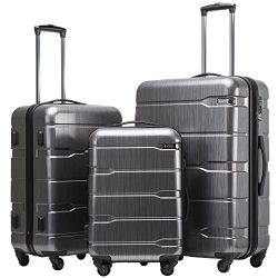 Coolife Luggage 3 Piece Sets PC+ABS Spinner Suitcase 20 inch 24 inch 28 inch (Charcoal)