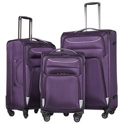 Coolife Luggage 3 Piece Set Suitcase Spinner Softshell lightweight (purple+sliver)