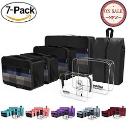 Packing Cubes YAMIU 7-pcs Travel Luggage Organizer with Clear Toiletry Bag TSA Approved (Black)