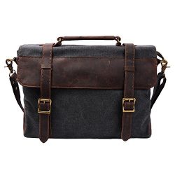 S-ZONE Vintage Canvas Genuine Leather Messenger Traveling Briefcase Shoulder Laptop Bag