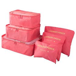 Luggage Packing Organizers Travel Compression Pouches Clothing Sorting 6 Pcs (Light Red)