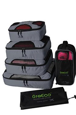 GreEco 4 Pcs Packing Cubes Plus 1 Pc Laundry Bag and 1 Pc Shoe Bag Grey