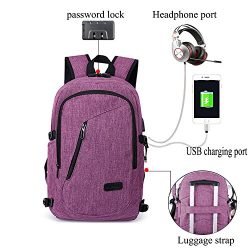 Laptop Backpack with USB Charging Port&Headphone Compartment and Lock Fits 12-16″ Note ...