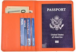 RFID Blocking Leather Passport Holder Cover & Travel Wallet ID Card Case (Orange)