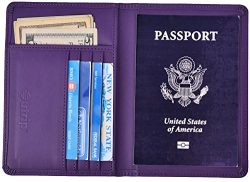 RFID Blocking Leather Passport Holder Cover & Travel Wallet ID Card Case (Purple)