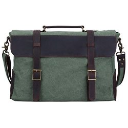 S-ZONE Vintage Canvas Leather Messenger Traveling Briefcase Shoulder Laptop Bag (Large-Coral Green)