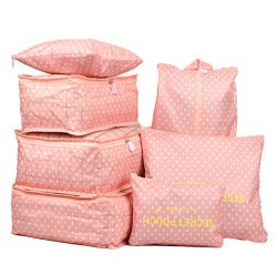 7 Set Travel Packing Organizer,Waterproof Mesh Durable Luggage Travel Cubes,1 Shoe Bag (pink dot)