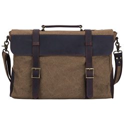 S-ZONE Vintage Canvas Leather Messenger Traveling Briefcase Shoulder Laptop Bag (Large-Coffee)