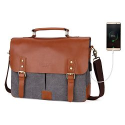 Genuine Leather Messenger Satchel Bag For Men 14″ Canvas Laptop Bag Briefcase(gray)