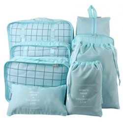 8 Set Packing Organizer,Waterproof Mesh Travel Luggage Packing Cubes with Laundry Bag Shoes Bag Blue