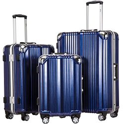 Coolife Luggage Aluminium Frame Suitcase 3 Piece Set with TSA Lock 100%PC (BLUE)