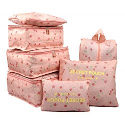 7 Set Travel Packing Organizer,Waterproof Mesh Durable Luggage Travel Cubes,1 Shoe Bag (Pink Cherry)