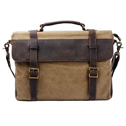 S-ZONE Vintage Canvas Genuine Leather Messenger Traveling Briefcase Shoulder Laptop Bag