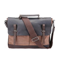 Tmount Canvas Genuine Leather Trim Travel Briefcase Laptop Bag– Fit 15 Inch Laptop Coffee