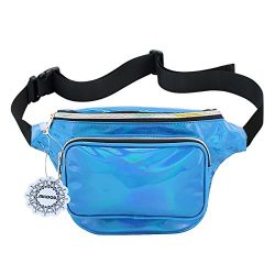 Waterproof Shiny Neon Fanny Bag for Women Rave Festival Hologram Bum Travel Waist Pack (Blue)