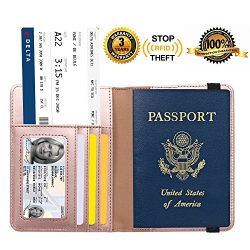 Passport Holder Cover RFID Blocking Leather Card Case Travel Wallet – Rose Gold