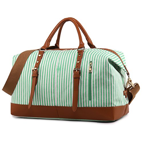 Weekend Travel Bag Ladies Women Duffle Tote Bags PU Leather Trim Canvas Overnight Bag (Green ...