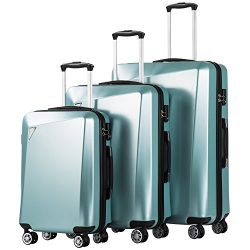 Coolife Luggage 3 Piece Sets PC+ABS Spinner Suitcase 20 inch 24 inch 28 inch (Ice blue)