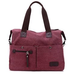 Lonson Unisex Canvas Shoulder Bag Big Travel Handbag Weekend Tote Bag (Wine Red)