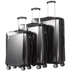 Coolife Luggage 3 Piece Sets PC+ABS Spinner Suitcase 20 inch 24 inch 28 inch (Grey)