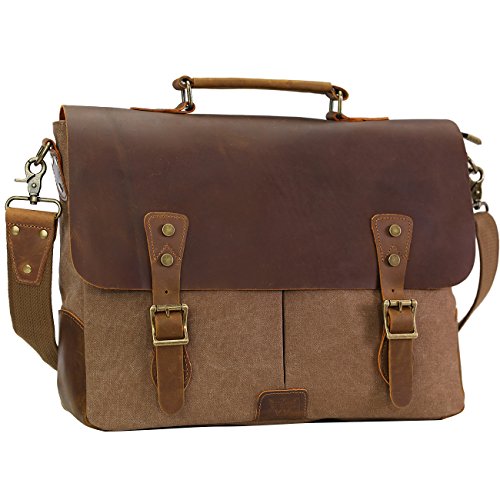 WOWBOX Messenger Bag for Men 15.6 inch Vintage Leather and Canvas Men's ...