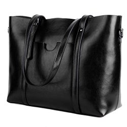 YALUXE Women’s Vintage Style Soft Leather Work Tote Large Shoulder Bag Black 2