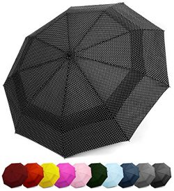 EEZ-Y Compact Travel Umbrella w/Windproof Double Canopy Construction – Auto Open/Close Button