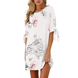 Rakkiss Women Summer Half Sleeve Bow Bandage Floral Striaght Casual Short Mini Dress (White, XL)