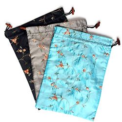 Elesa Miracle Embroidered Silk Jacquard Travel Bag, Lingerie & Shoes Bag, 3 Packs, Sky Blue, ...