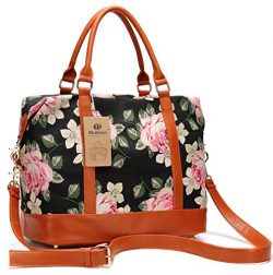 Women Ladies Canvas Weekender Bag Overnight Carry-on Tote Duffel in Trolley Handle (Flower-black)